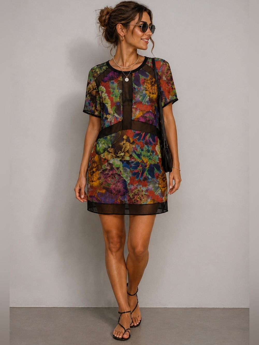 ASOS Floral Mesh Panel Shift Dress Multicolor Size 8